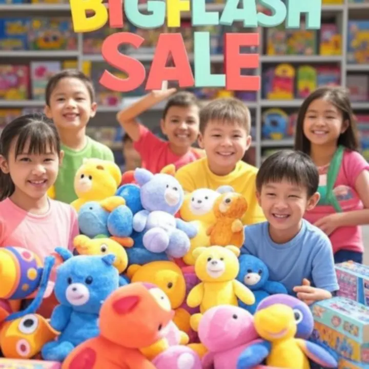 Kolorowa grafika flash sale z zabawkami w promocji.