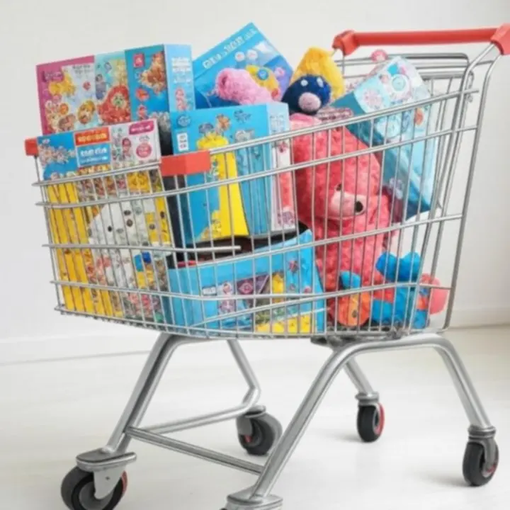 Kolorowa ilustracja zabawek w podsumowaniu koszyka HappyToysLand.