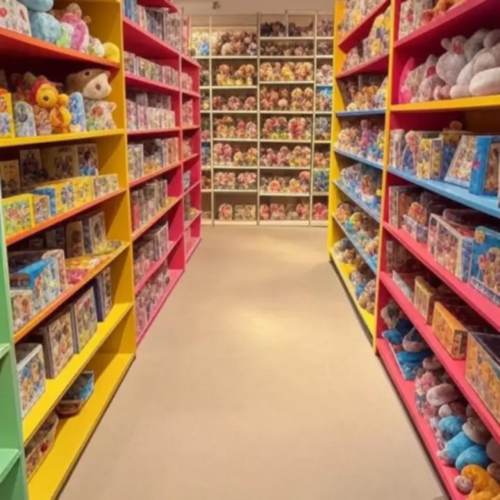 Kolorowy sklep z zabawkami pełen uśmiechniętych dzieci