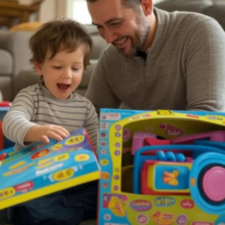 Rodzic z dzieckiem wspólnie rozpakowujący pudełko z zabawką