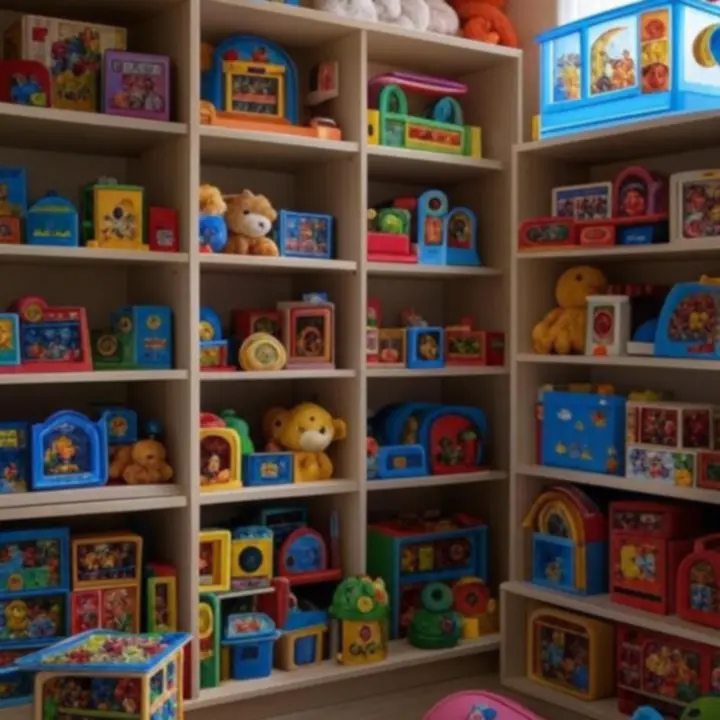 Półka z kolorowymi, wysoko ocenianymi zabawkami